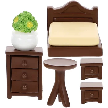1 Комплект Умален модел на мебели Миниатюрна легло, Малко нощно шкафче Миниатюрен Шкафче, Малка гърне Мини-масичка за дома