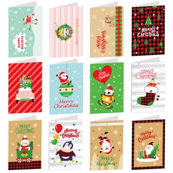12 комплекти коледни поздравителни картички 4x6 инча, карти за подаръци на Дядо Коледа Етикети пликове 6 групи