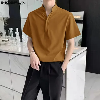 2023 Мъжки ежедневни ризи С висока яка и къс ръкав, Корея, мъжки дрехи, однотонная лятна градинска дрехи за почивка, мъжка риза INCERUN