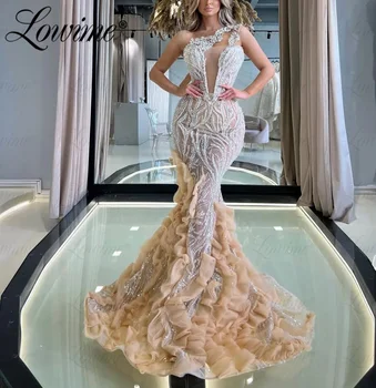 2023 Халат Перлена рокля Русалка, расшитое във форма на пръчки, дълги рокли на знаменитости с едно рамо, прозрачно елегантна рокля знаменитост, вечерна рокля