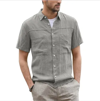 2023 Японската мъжки годишна ежедневна риза с копчета от памук и лен, с къси ръкави и два джоба с широк ъглов яка