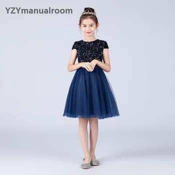 YZYmanualroom, Блестящи пайетки, Къси ръкави, Тюлевые рокля с цветя модел за Момичета, Концерт на Принцеса Рокля, Дълга рокля на Шаферка