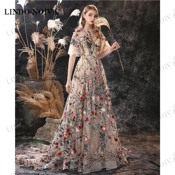 Вечерни рокли LINDO NOIVA От Цвете от Тюл 2023, Дълга Рокля с Бродерия на Цветя, Къс ръкав, Струята, Романтични Рокли за Бала