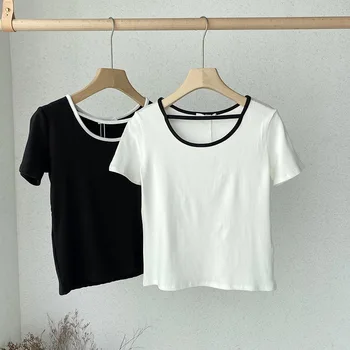дамски летни приталенная тениска с къс ръкав в черен цвят