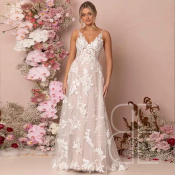 Дантелени шаферски рокли, цвят шампанско, дрехи за сватбената церемония, дамско луксозно вечерна рокля за спагети презрамки с V-образно деколте, Елегантна женствена рокля