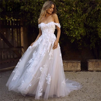 Дантелено сватбена рокля в стил Бохо с открити рамене, Реколта апликации, Рокли за булката, Булчински рокли по поръчка 2023
