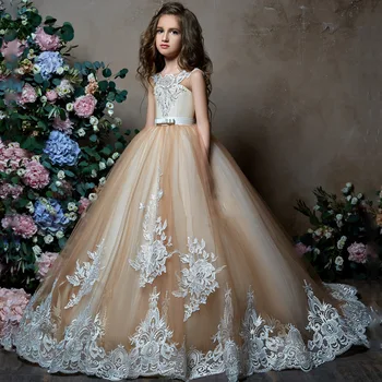Детско сватбена рокля със завързана на опашка без ръкави За представяне На рожден Ден Пищни дълга рокля на Принцеса