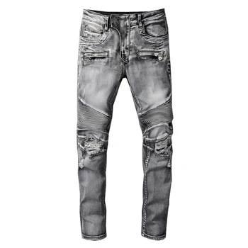 Дизайн в стила на рок-пънк, мъжки байкерские джинси с дупки, дрипави сиви дънкови панталони-участък, градинска дрехи, прилепнали оръфан панталон, сиви дънки