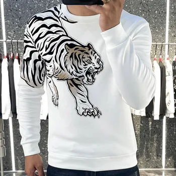 Есенна луксозна тениска с изображение на тигър, диамант модел, висококачествени кристали, индивидуален тенденция, Европейска фланелка с дълъг ръкав, кръгъл отвор, бяла