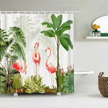 Завеса за душ от плат с изображение, Фламинго, Водонепроницаемое тропическо растение, Палми, Завеси за баня, обзавеждане за баня с 12 куки