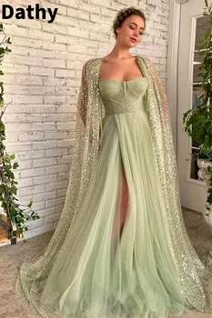 Зелена тюлевое рокля за бала Dahyl, секси вечерна рокля с висока цепка, сверкающая шал, ръкави, Елегантна приталенное вечерна рокля