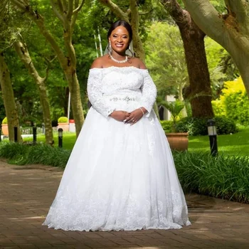 Китай по-Големи Размери, Vestido De Новия, Африканските Дантелено Бална Рокля Сватбена рокля с дълги ръкави на поръчка