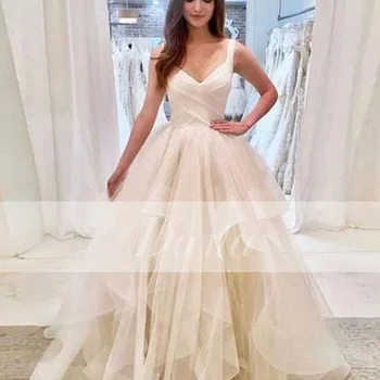 Класическа Сватбена рокля Трапецовидна форма от Тюл 2023, Дълги Рокли без ръкави във формата на Сърце, Реколта Елегантни рокли в сгъвката, ушити по поръчка