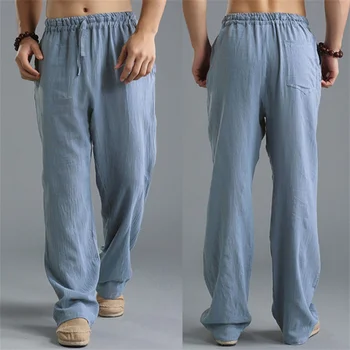 Летни мъжки обикновена ленени Директни ежедневни панталони с много джобове, Плюс по-Големи размери, Удобни Дишащи Свободни панталони с завязками