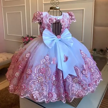Луксозно рокля за новородените момичета с дантела и перли, рокля с аппликацией за бебета, Рокля на Принцеса с цветя модел за момичета, Дълго Коледна топка рокля за бала
