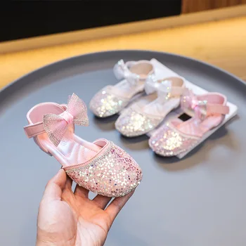Лятна детски обувки, модни красиви детски сандали за момичета, за деца, ежедневни вечерни сандали Принцеса с брилянтен лък и пайети