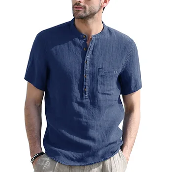 Лятна новост 2023, Модерна мъжка риза с деколте Хенли, Всекидневни Свободен Мъж Топ, Удобни памучни и конопляные мъжки ризи с къс ръкав