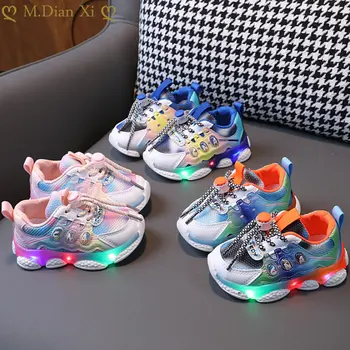 Маратонки; Модерни Детски обувки с led Подсветка; Дишаща Мрежа обувки с Надпис 