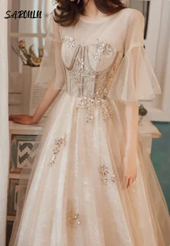 Модерна дреха на Булката с кръгло деколте, Класическа вечерна рокля в пода, Романтична Елегантни сватбени рокли трапецовидна форма, Vestidos De Новия