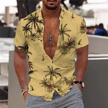 Мъжка лятна плажна риза с принтом кокосовата палма, плажна риза с къси ръкави, Без однобортный дишаща годишният топ, мъжки дрехи