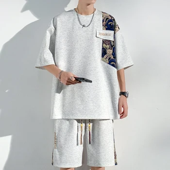 Мъжки комплект в стил мозайка с букви мечка, Летни блузи с къс ръкав, къси Панталони оверсайз, костюм, Модни и Ежедневни дрехи за мъже