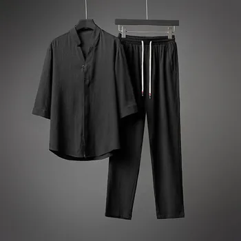 Мъжки комплект от две части, риза с къс ръкав и копчета, панталони-тросики, ежедневието на обикновен Класически костюм в сгъвката, Модни градинска облекло
