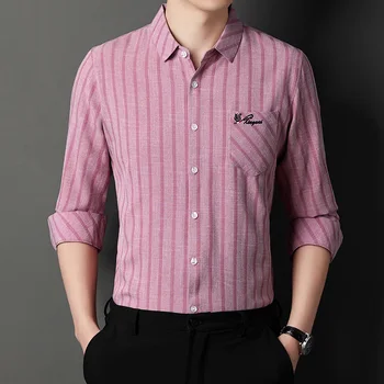 Мъжки Реколта Класически обикновена риза Против бръчки, Пролет-Есен, Дълъг ръкав, Висококачествена Ежедневна блуза с джобове и бродерия