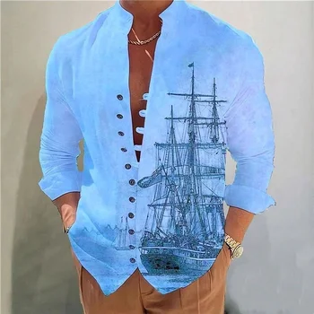 Нова мода Мъжки ежедневни риза в бизнес стил с принтом парусника, приталенная Лятна готина риза с дълъг ръкав, мъжки дишаща плажна риза