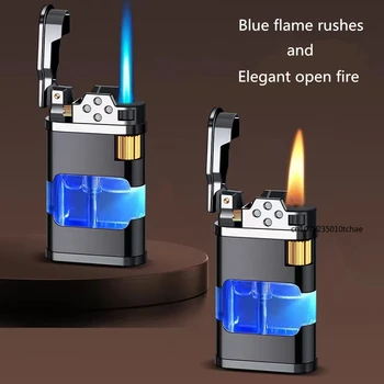 Нова Прозрачна Складовата Газова Запалка с Пламък, Метален Факел Turbo, Необичайни Творчески Ветрозащитный Син Бутановый Запалки За Пури, Мъжки Притурка