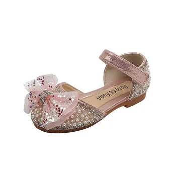 Обувки принцеса с пайети За момичета, Модерни, универсални тънки обувки Със звездите, блестящи детски модел Сандали с лък, Детски празнична Нескользящая обувки