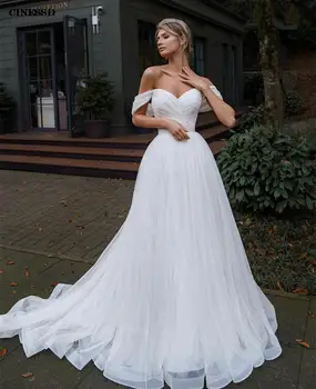 Реколта дълги сватбени рокли с пайети от тюл трапецовидна форма с открити рамене Сватбена рокля Сватба с шнур и влак Robe de mariée