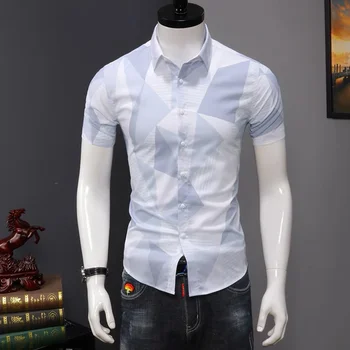 Риза за мъже с къс ръкав лятна тънка корея модна марка риза с принтом, приталенная ежедневни риза, мъжки дрехи ropa, ризи за мъже