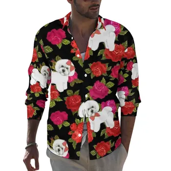 Риза с куче, Мъжки Ежедневни ризи с цветя, Рози и Пудел, Есенна Градинска дрехи, Дизайнерски Блузи С Дълъг ръкав, Реколта дрехи големи размери, Идея за подарък