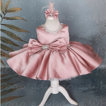Розова рокля на цветчета за момичетата, скъпа космати апликация във формата на петна, без ръкави, блестящ лък, подарък за дете, за рожден Ден, Причастие, рокля за бала