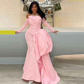 Розови сатенени вечерни рокли на Русалка от Саудитска Арабия с открити рамене и Дълги ръкави, Рокли за абитуриентски бал в стил Русалка, Секси вечерна рокля, халат за баня
