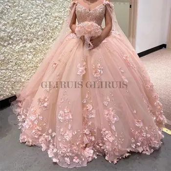 Романтична руж, 3D цветя, бална рокля, буйни рокли за абитуриентски бал, наметало, кафтан, расшитое перли Дантела, Дълго хубава рокля 16 Vestidos