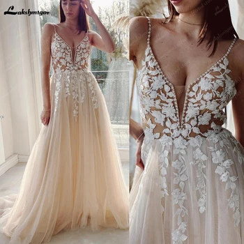 Сватбена рокля Lakshmigown цвят на Шампанско в стил Бохо 2023, Дантелени Апликации, Плажни Булчинска рокля с V-образно деколте, vestidos de noche, вечерна рокля за специални случаи