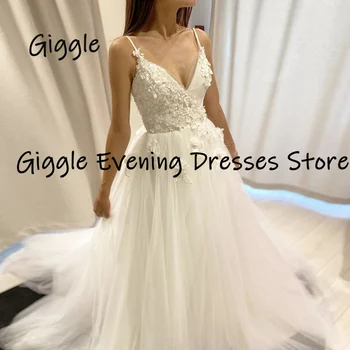 Сватбена рокля Трапецовидна форма Giggle С Аппликацией под формата на 3D цветове, на Тънки Бретельки, Тюлевое Сватбена рокля с дължина до пода с цип отзад, vestidos de новия