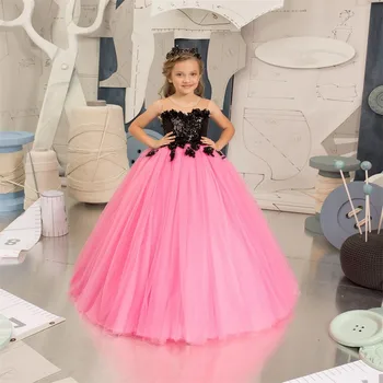 Тюлевое рокля с цветя модел и аппликацией от пайеток за момичета, Детски празнична рокля, Елегантни рокли За Първо Причастие, рождени Дни, Кръщенета