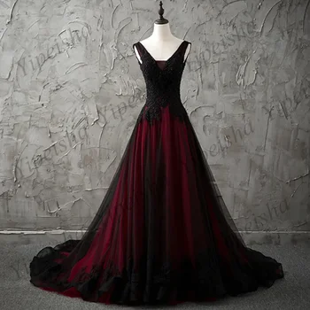 Черно-червено Сватбена рокля Луксозна Апликация от мъниста и пайеток, V-образно деколте, без ръкави, Дълга Поредица, Корсет с отворен гръб, Готическата Сватбена рокля